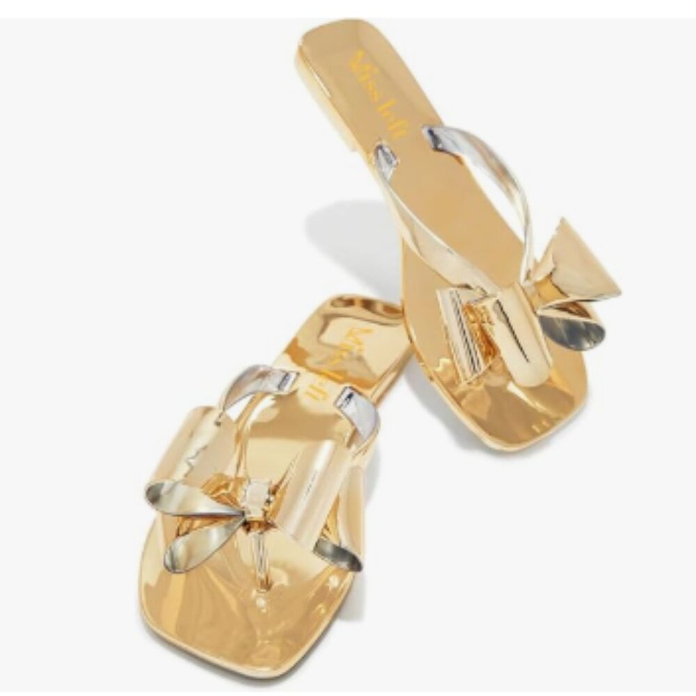 miss left Gold Versatile Open Toe Flip Flops Double Bowknots Slip on Sandal